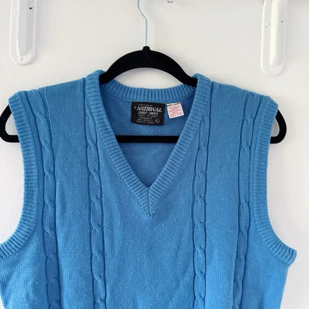 Vtg 70s 80s Preppy Grandpa Cable Knit Sweater Vest Mens Large Blue Acrylic Boho